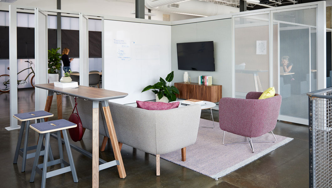 Knoll Shared Spaces Community Space With Reff Profiles Shelves and Tall Table