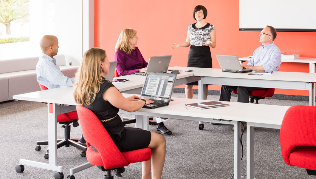 Knoll Shared Spaces Assembly Space with Pixel Training Tables and Saarinen Seating